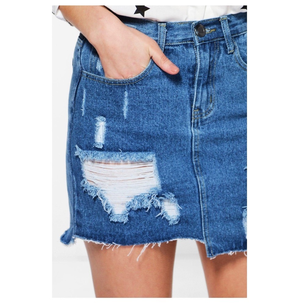 BOOHOO UNEVEN RAW HEM DISTRESSED DENIM SKIRT MID BLUE WITH POCKETS SIZE 4 NEW - Picture 11 of 11